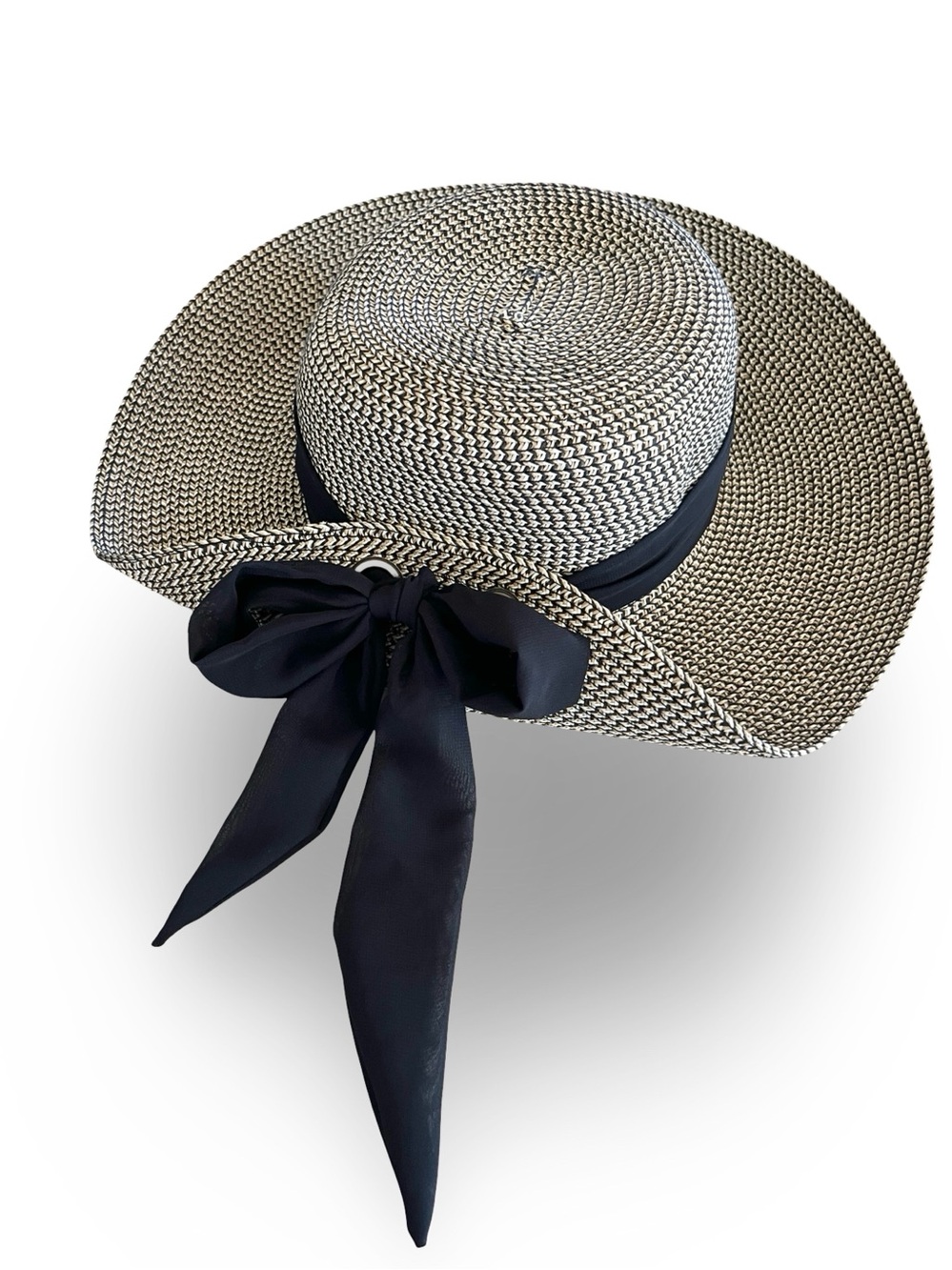 Nine West Flip Up Brim Black & Natural Woven Wide Brim Sun Hat Scarf Bow